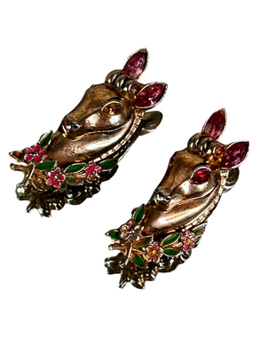 Pair of two Vintage Coro Pegasus Horse Head Brooch Rhinestone Gold Tone Pink